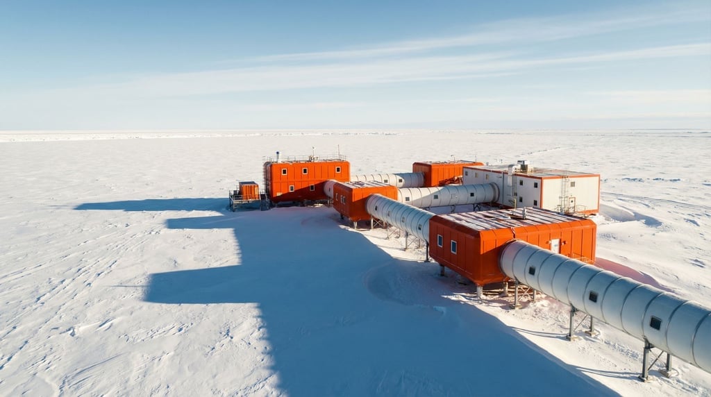 An arctic ice shelf with a surface research station — bright orange and white modules on a flat whit