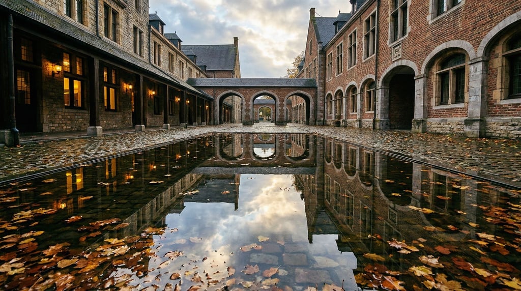 A courtyard after rain with standing water creating a shallow mirror that reflects the surrounding b
