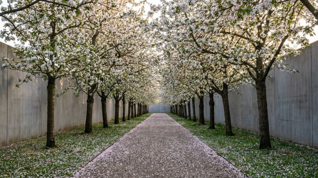 An orchard of carefully spaced fruit trees within a walled compound