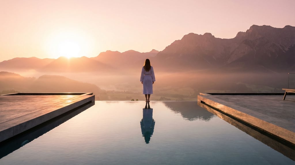 A figure in a white robe standing at the edge of a rooftop pool, back to camera