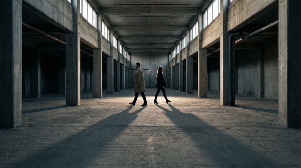 Two figures walking in opposite directions in a wide concrete corridor