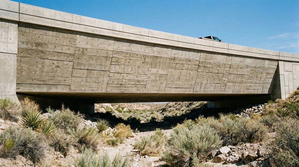 A low-angle view of a concrete overpass crossing a dry wash