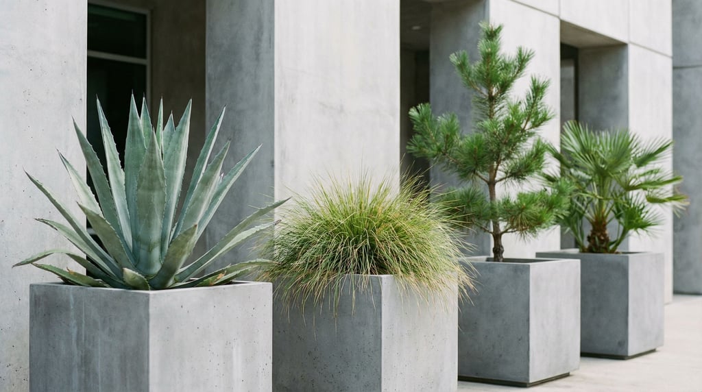 A series of concrete planters along a building frontage