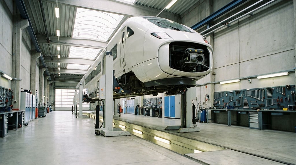 A train maintenance depot with a single sleek white train car elevated on hydraulic lifts