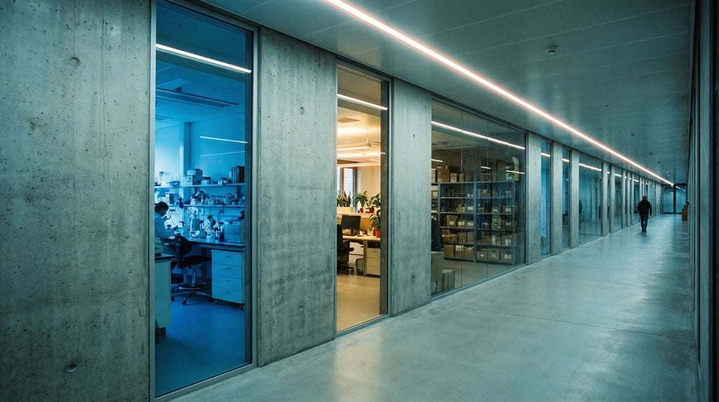 A corridor with alternating panels of concrete and glass on one side