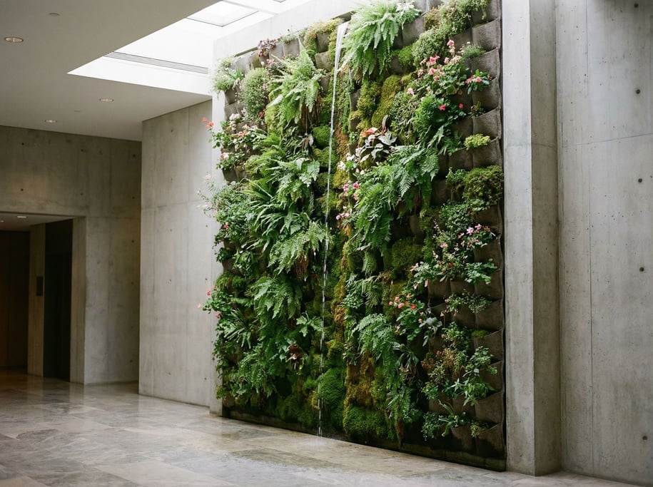 A compact vertical garden installation in a building lobby