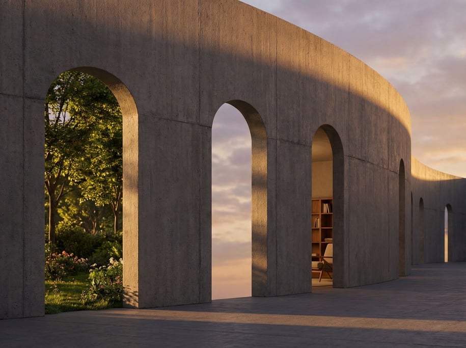 A series of identical doorways in a curved concrete wall