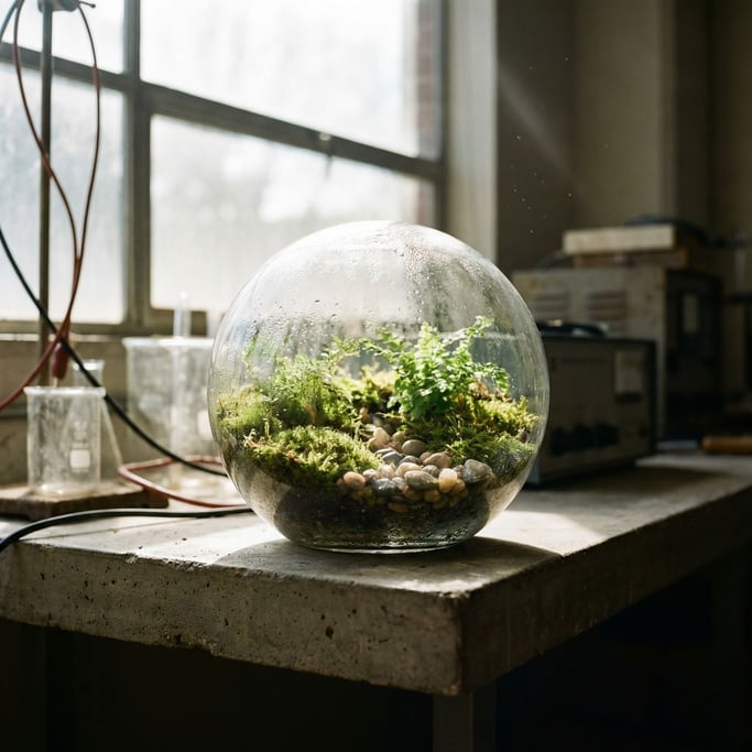 A small glass terrarium containing a miniature landscape — moss, tiny ferns