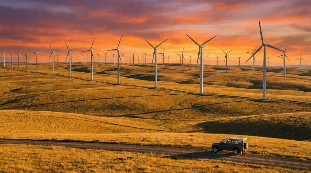 A wide view of a wind farm on rolling grassland at sunset