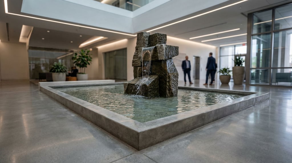 An interior water feature in a building lobby — a shallow rectangular pool with a stone sculpture ri