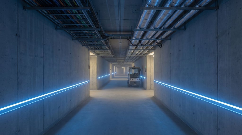 A utility tunnel beneath a compound, wide enough for a small vehicle