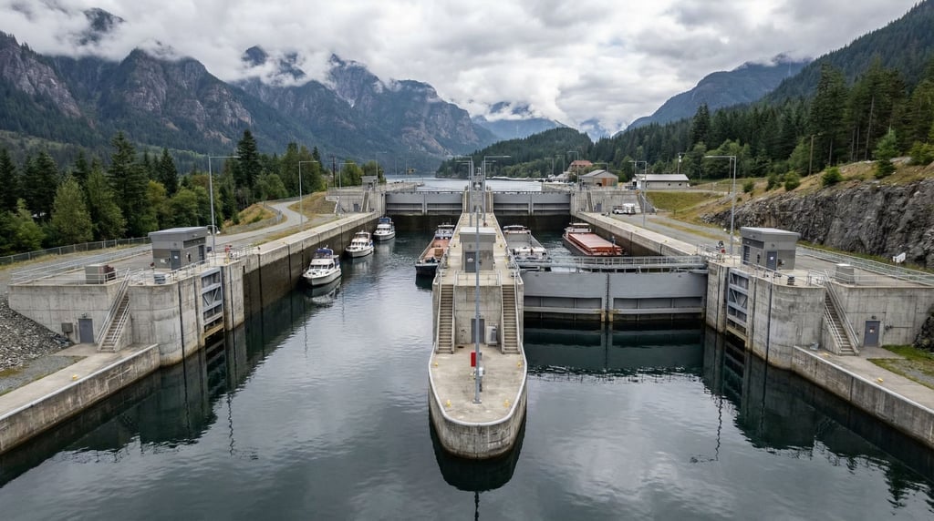 A canal lock system in a mountain landscape