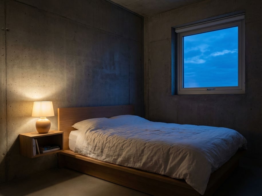 A minimal bedroom in a facility — a platform bed with white bedding against a concrete wall