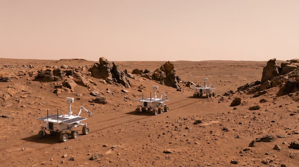 Autonomous rovers on a Martian-looking desert landscape — three small white vehicles with scientific