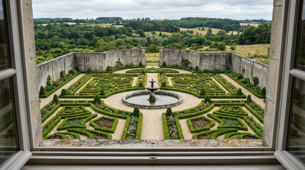 A formal garden parterre viewed from an upper floor window
