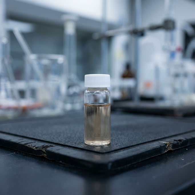 A sample container — a small cylindrical vial of clear liquid with a white cap — standing on a black