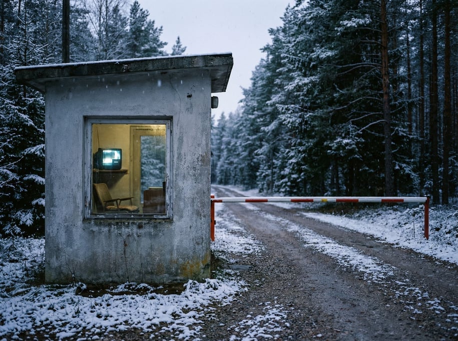 A small concrete guardhouse at a gate