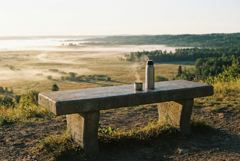 A concrete bench by a trail overlooking a vast plain, the bench worn smooth by use