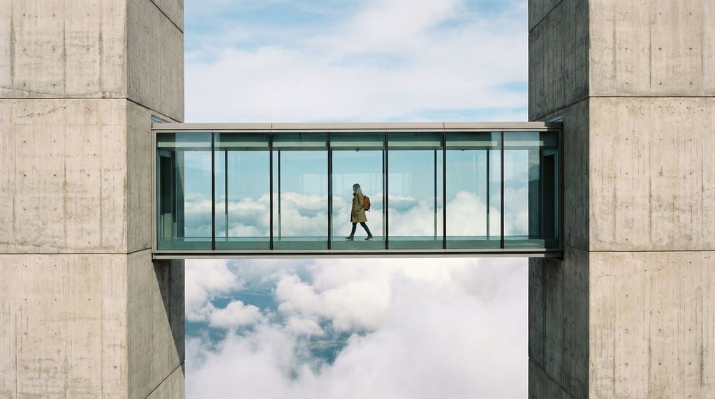 A glass-enclosed skybridge between two towers at high elevation