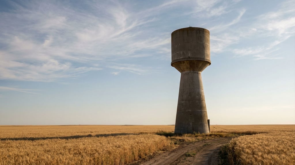 A concrete water tower shaped as a simple cylinder on a tapered base