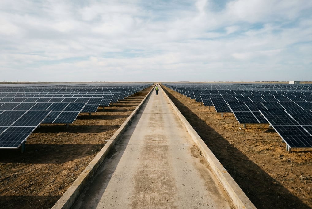 A concrete pathway through a field of solar ground panels