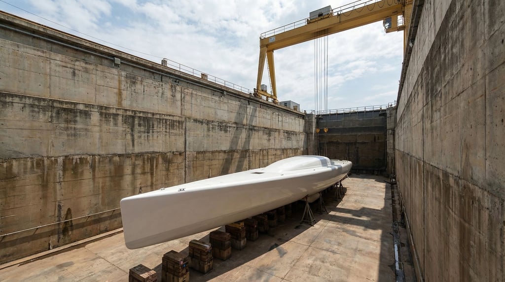 A dry dock for boats — a concrete chamber drained of water with a single sleek white vessel resting