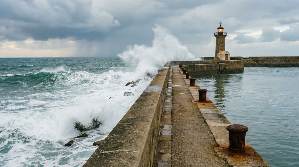 A concrete breakwater extending into the ocean