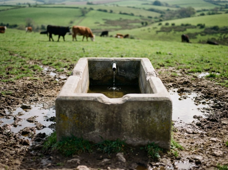 A concrete water trough for livestock in a pastoral setting