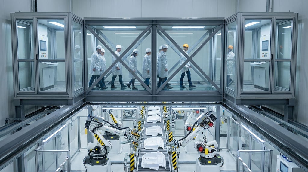 A glass-floored corridor over a manufacturing space below