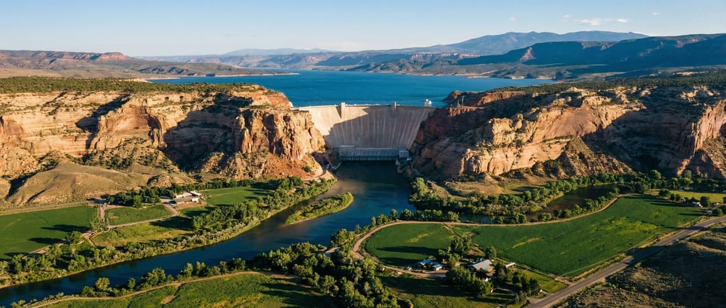 An ultra-wide view of a river valley with a concrete dam at one end creating a reservoir
