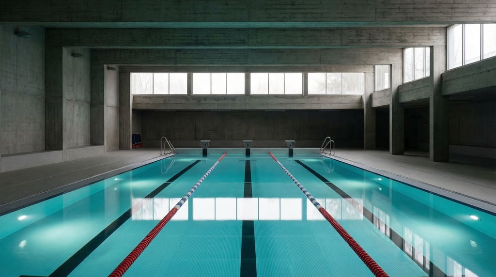 An empty swimming lane in an indoor pool, the water illuminated from below in turquoise