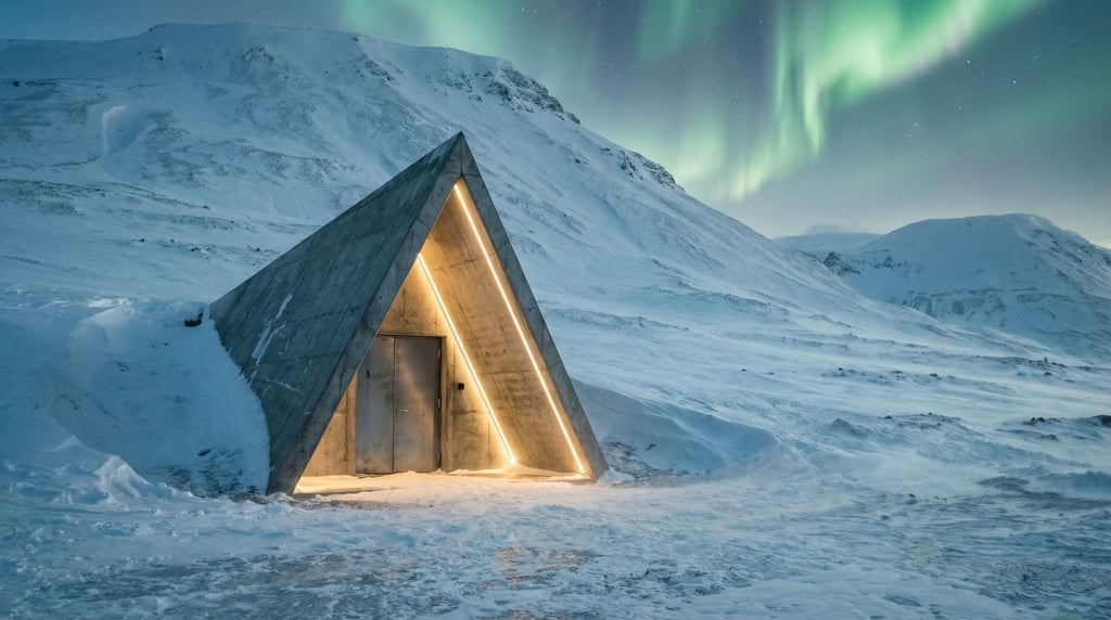 A seed vault entrance — a triangular concrete portal set into a snow-covered hillside in a remote no