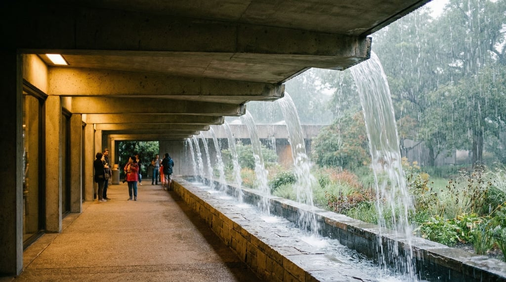 A covered outdoor walkway in heavy rain