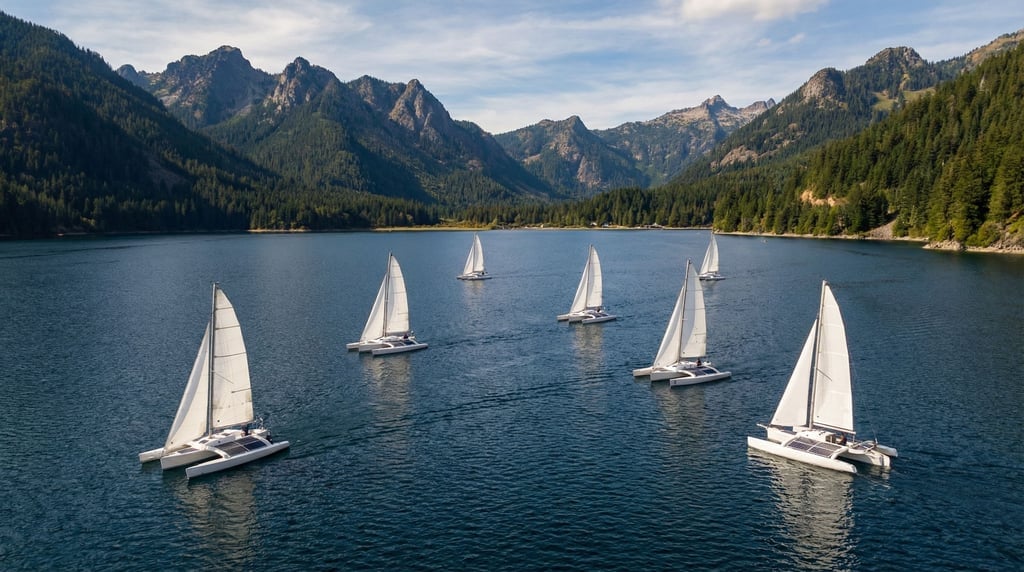 Autonomous sailboats on a lake — small unmanned vessels with rigid wing sails collecting data as the
