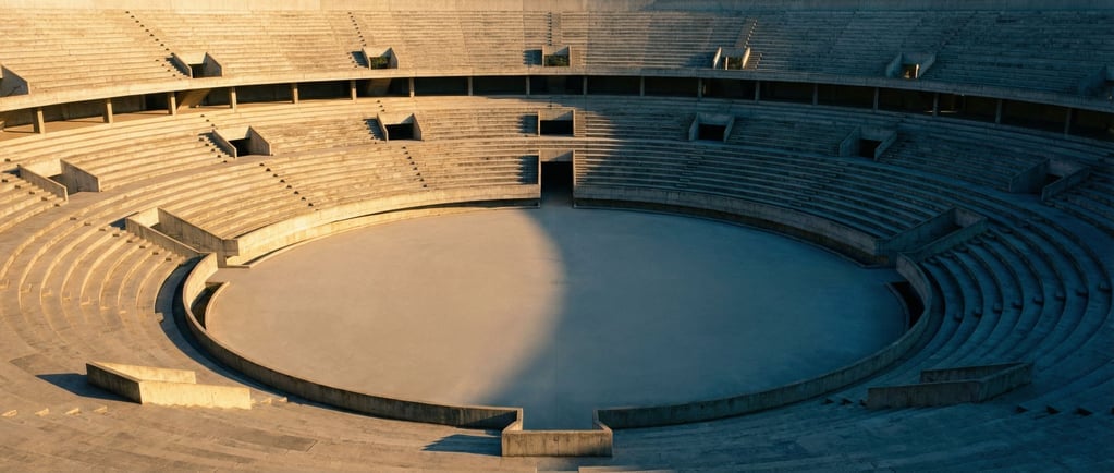 An empty concrete stadium bowl at golden hour, tiered seating surrounding a central arena floor