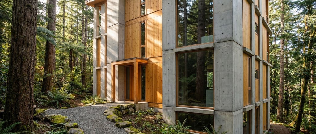 A cross-laminated timber and concrete hybrid building in a forest setting