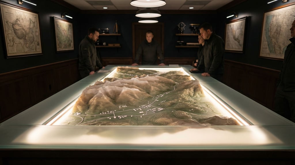 A map room with a large horizontal surface displaying a topographic model of the surrounding landsca