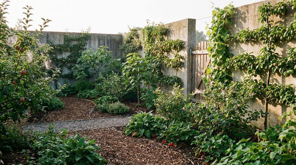 A permaculture food forest within compound walls — layered plantings of fruit trees, berry bushes