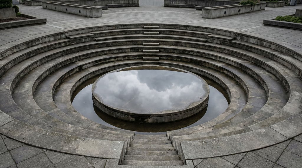 A sunken amphitheater in a concrete courtyard