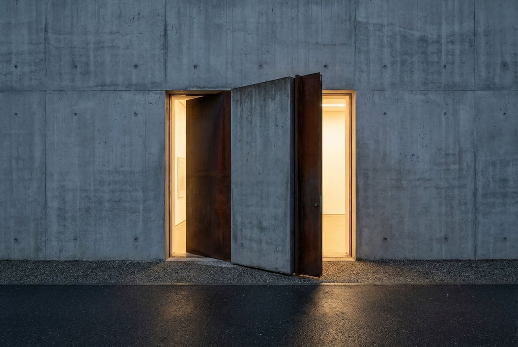 A concrete facade with a single massive pivoting door partially open