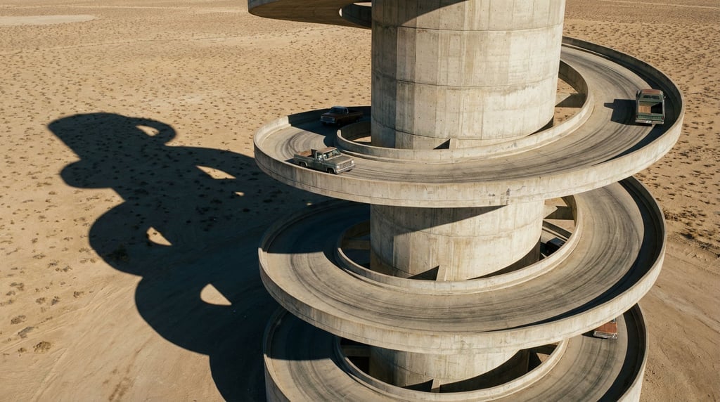 A concrete tower with a single external spiral ramp wrapping around its circumference from base to r