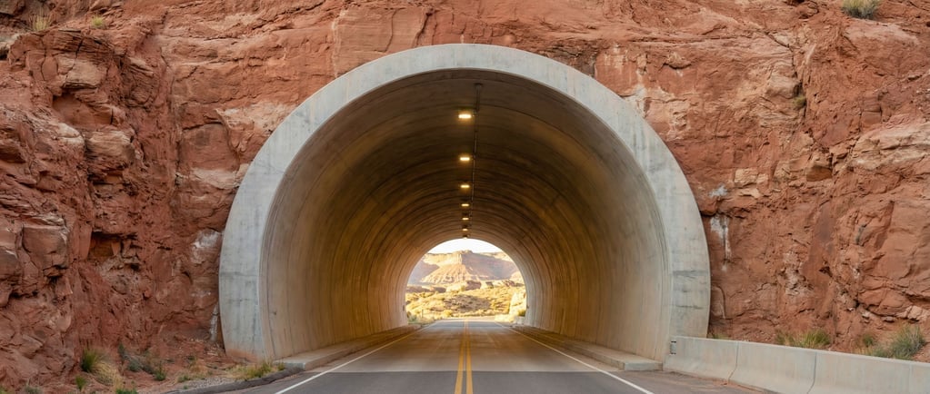 A road tunnel through a mesa, the entrance a clean concrete arch in red rock
