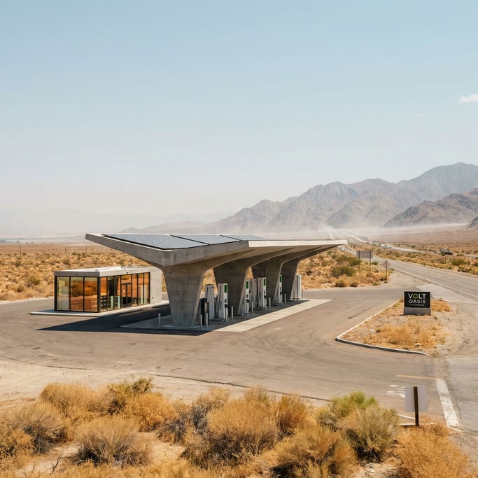 A desert gas station reimagined as a sleek concrete canopy over charging bays instead of fuel pumps