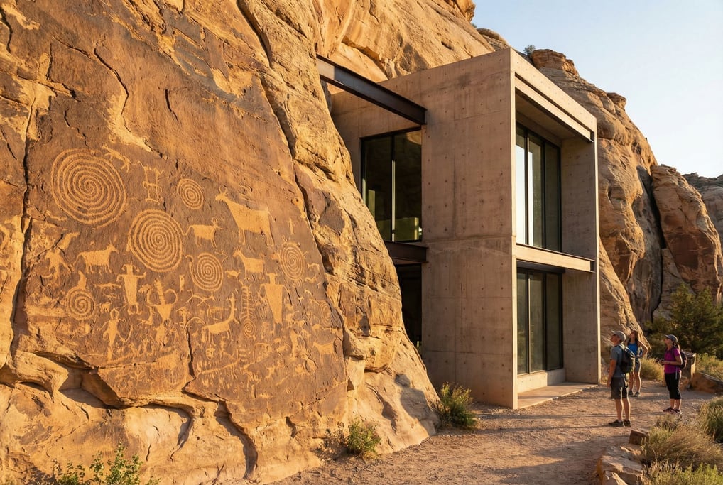 Petroglyphs on a canyon wall adjacent to a modern concrete structure built into the same cliff face