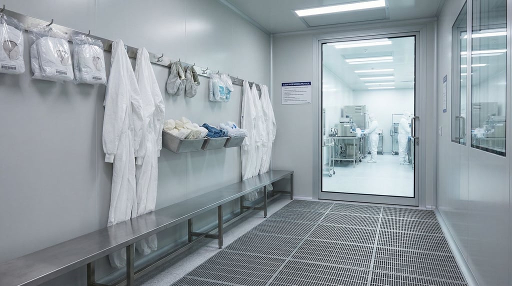 A clean room gowning area with hooks holding white coveralls, booties, and hoods along a corridor