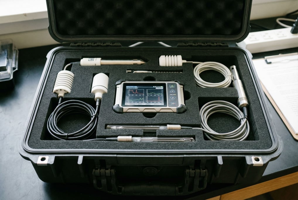 A hard-shell equipment case opened to reveal scientific instruments in custom foam cutouts — sensors