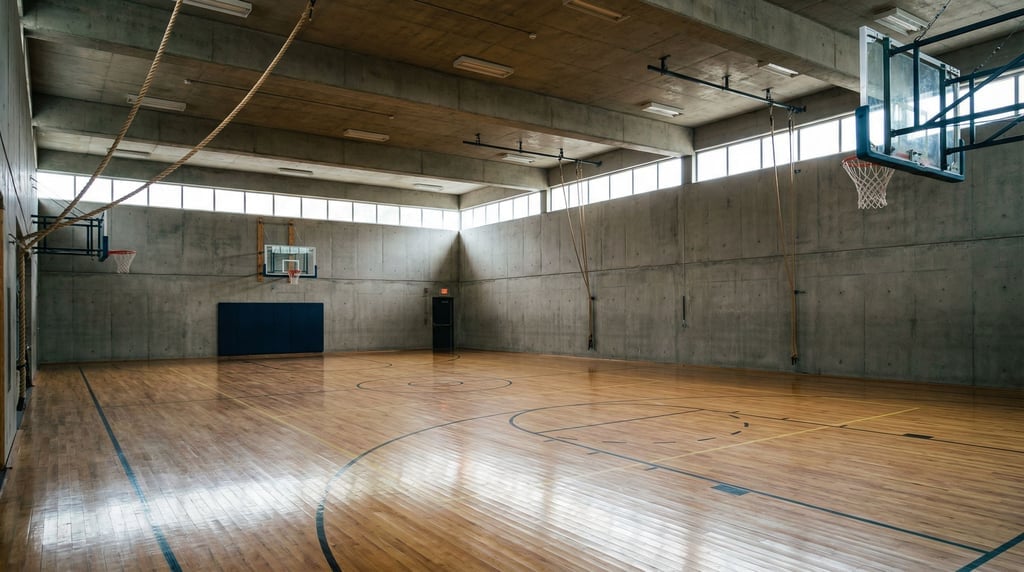 A gymnasium in a facility compound with a polished wood floor, basketball hoops at each end