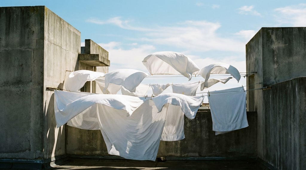 White sheets and towels hanging on drying lines between concrete building walls on a facility roofto