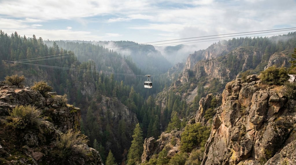 A cable car gondola crossing a deep forested gorge, suspended on thin cables midway across the span