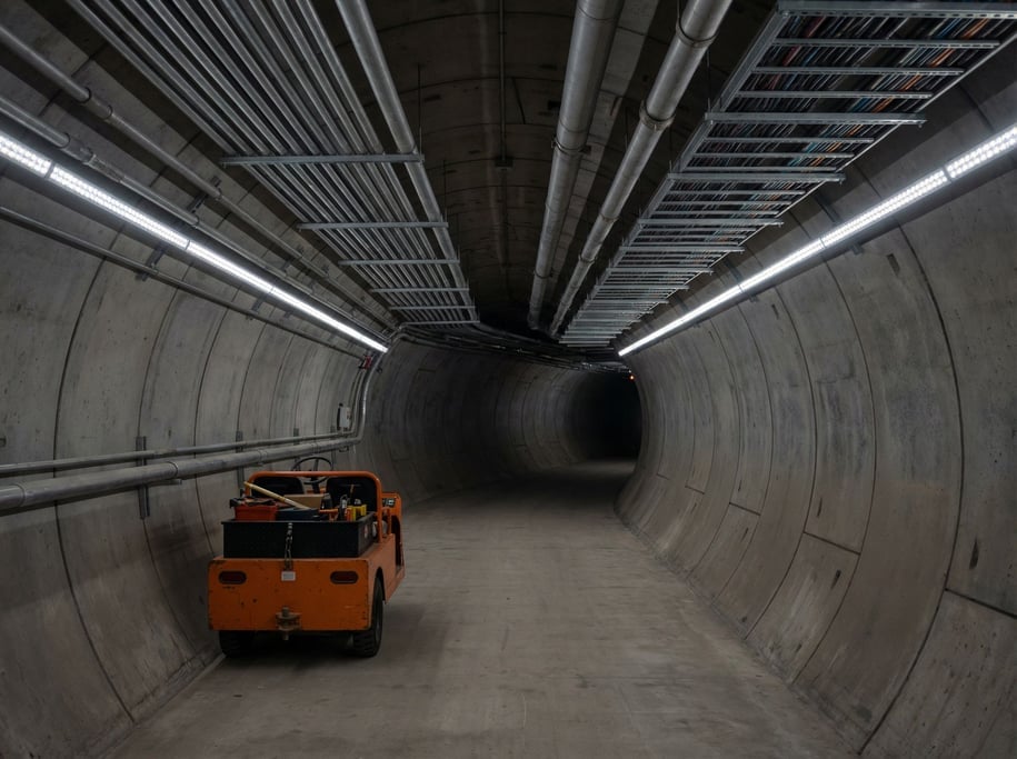 A transit service tunnel wide enough for a maintenance vehicle, pipes and cables along the ceiling